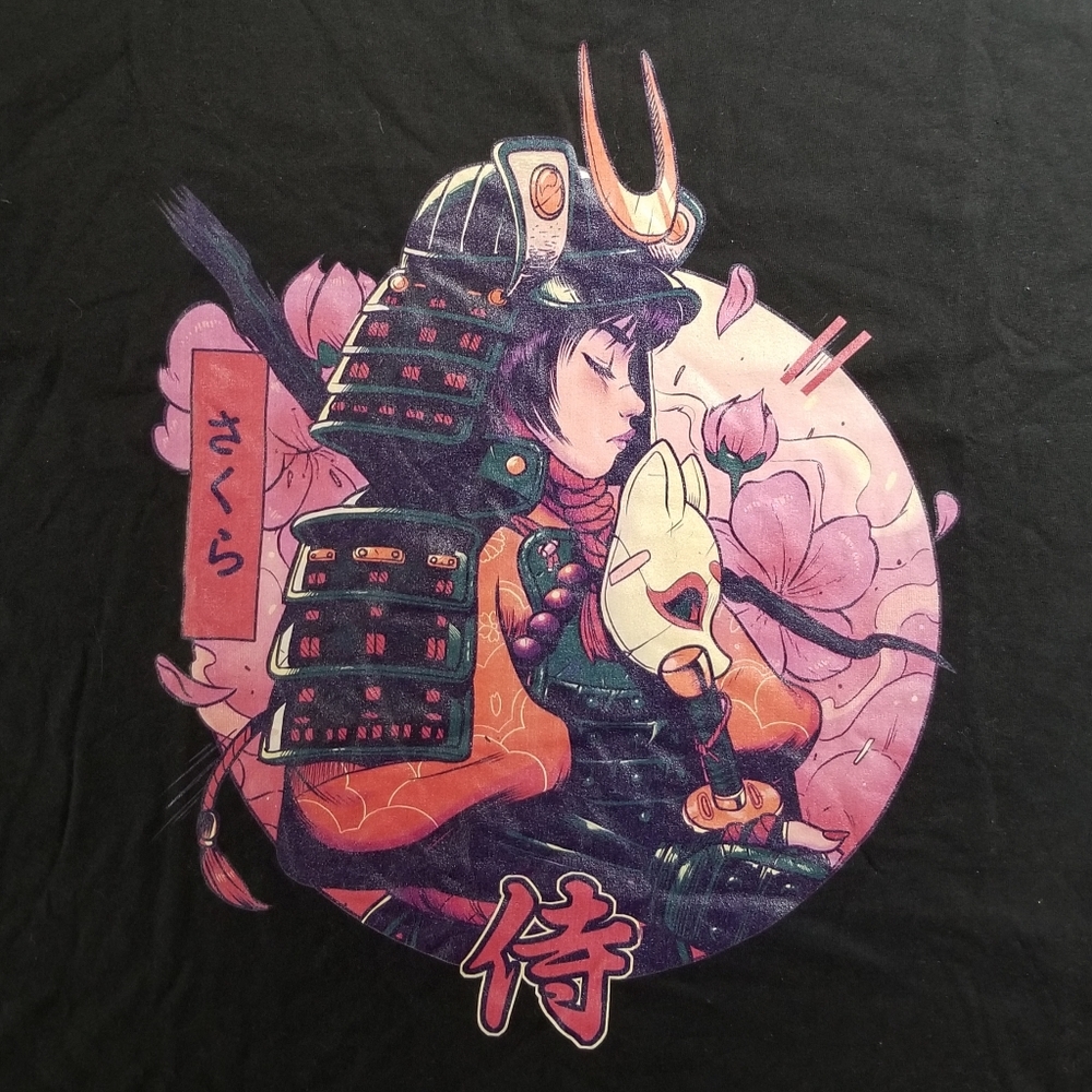 Cherry Samurai Men's Graphic Tee Shirt Threadless Black Pink Red Floral Large